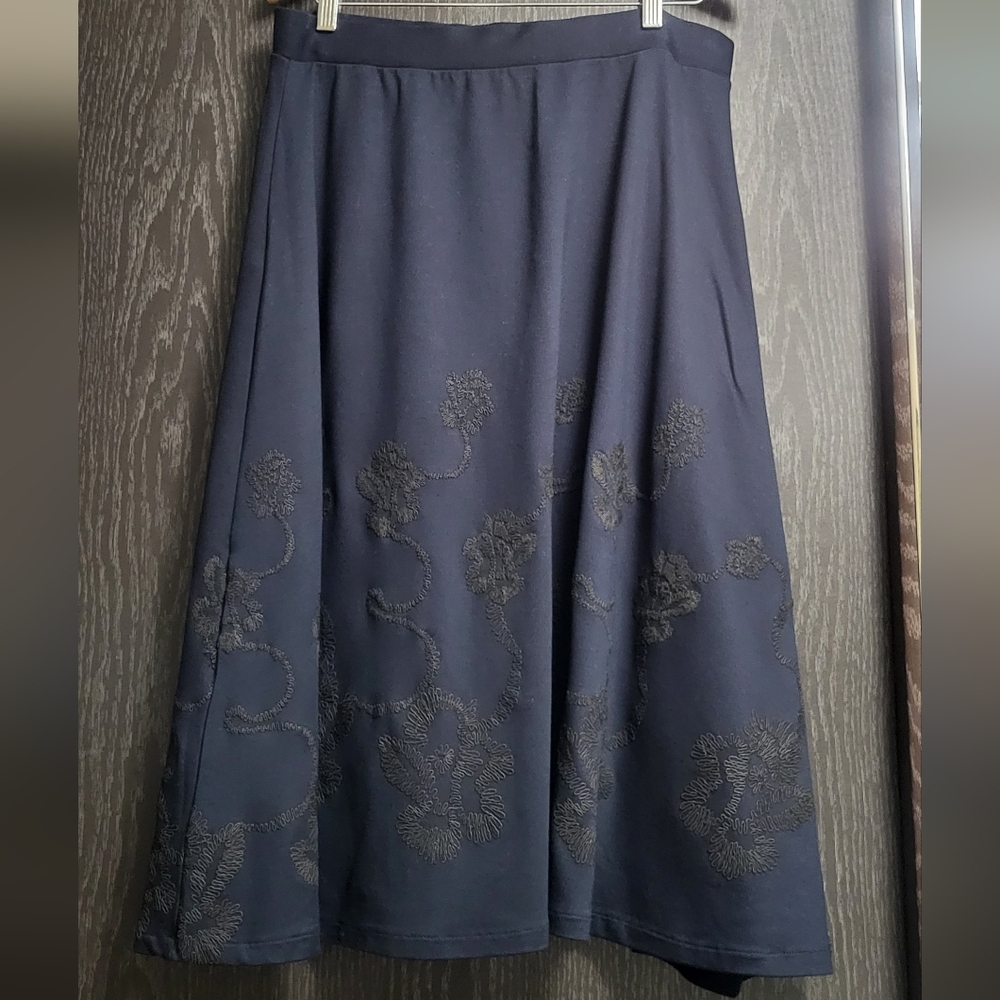H&-M Womens Dark Blue Flare Skirt Floral Embroidery Long Elastic Stretch